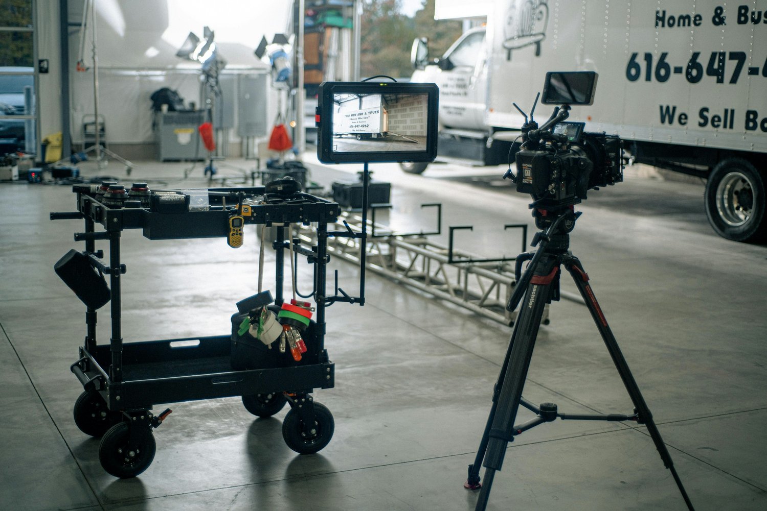 A picture of film equipment on a shoot in London.