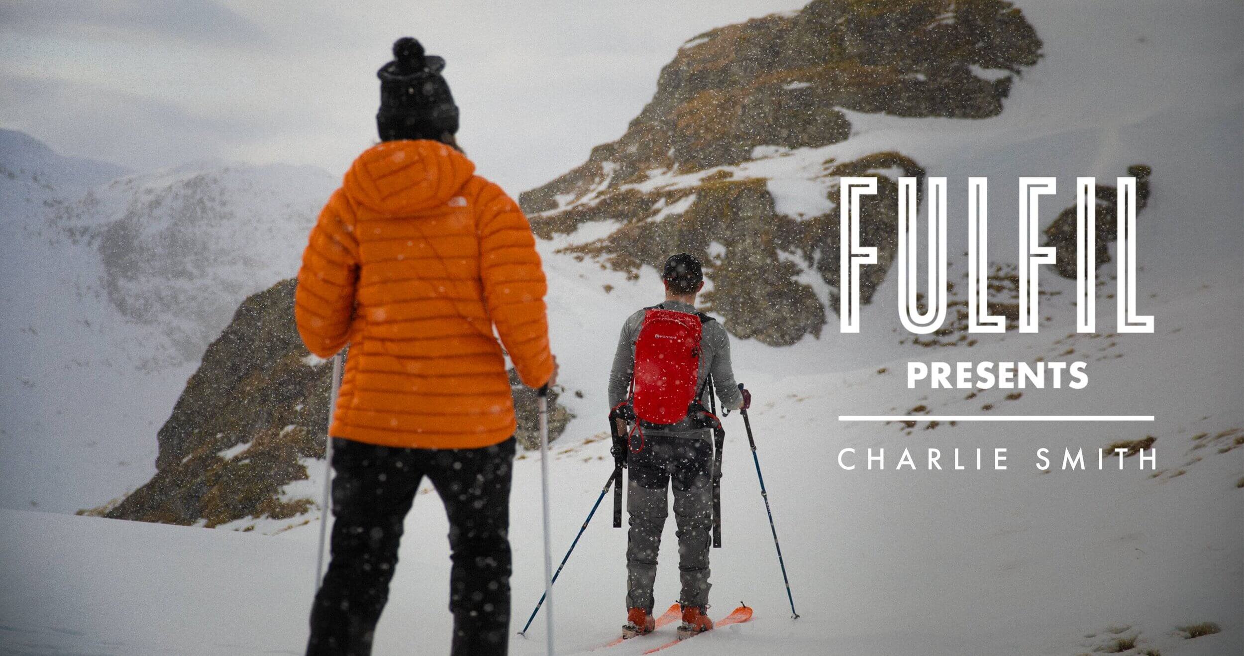 An image of Charlie Smith, adventurer and illustrator, skiing in Scotland.