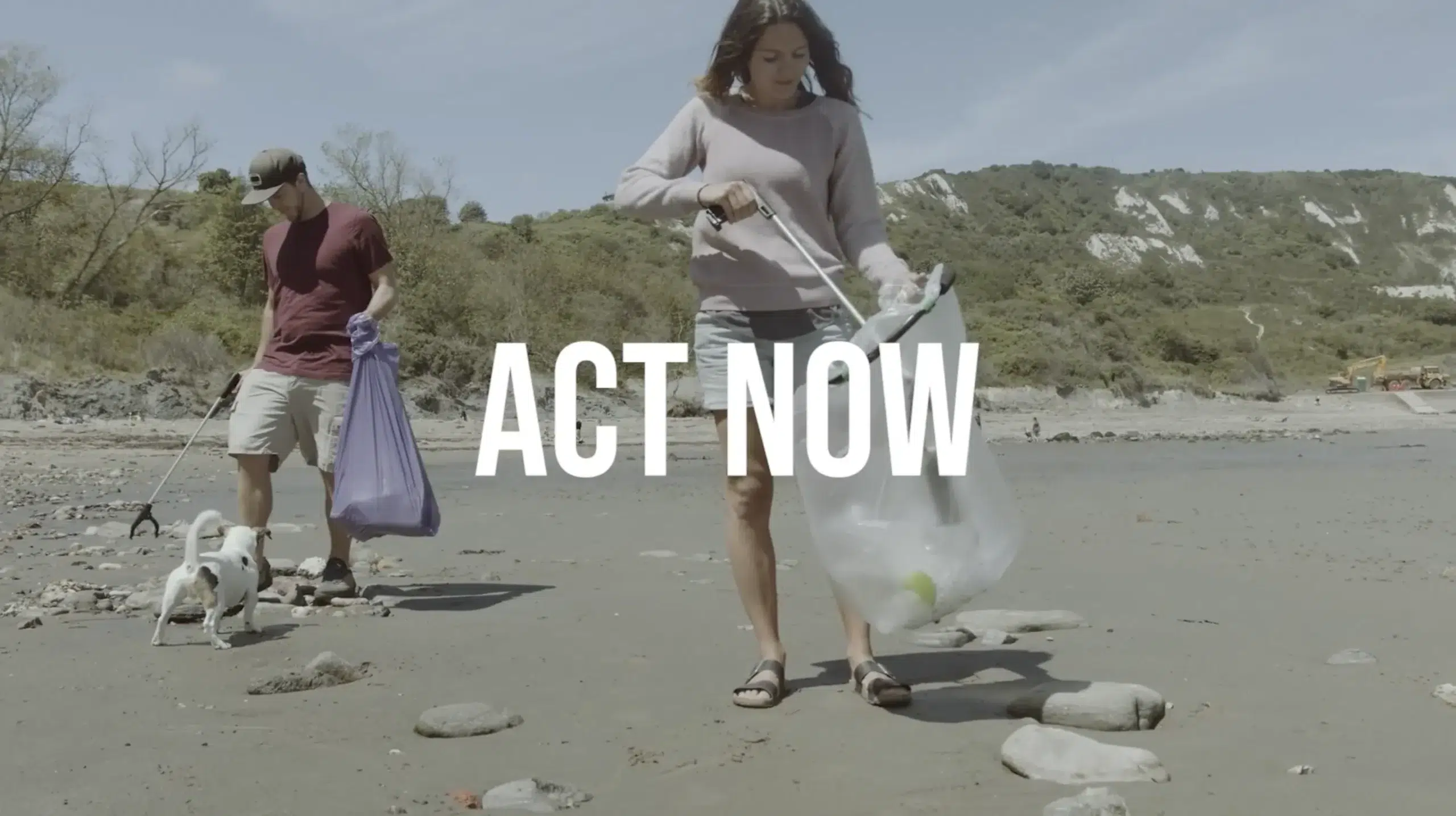 An image of eopole doing a beach clean with the words "act now" on screen.