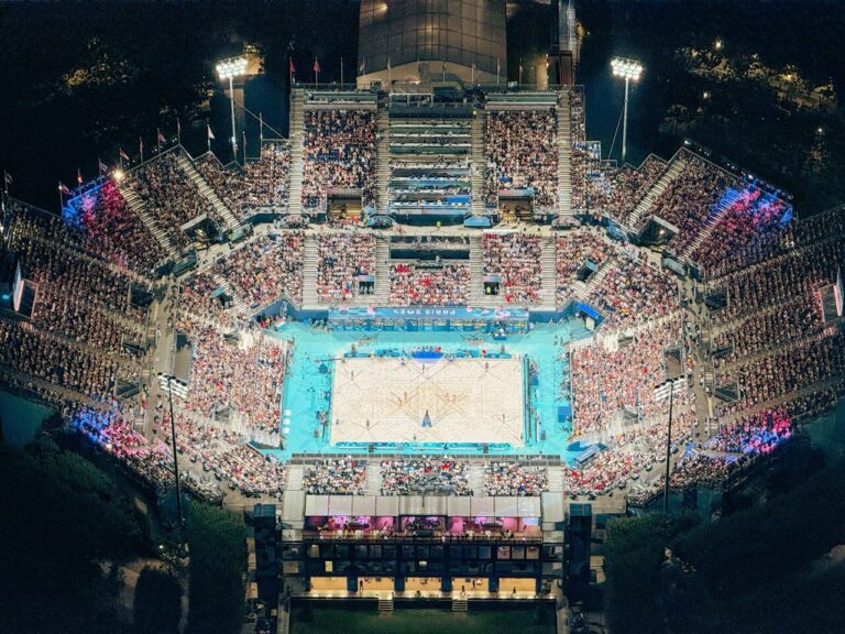 A picture of the main Olympic Stadium beneath the Eiffel Tower in Paris.