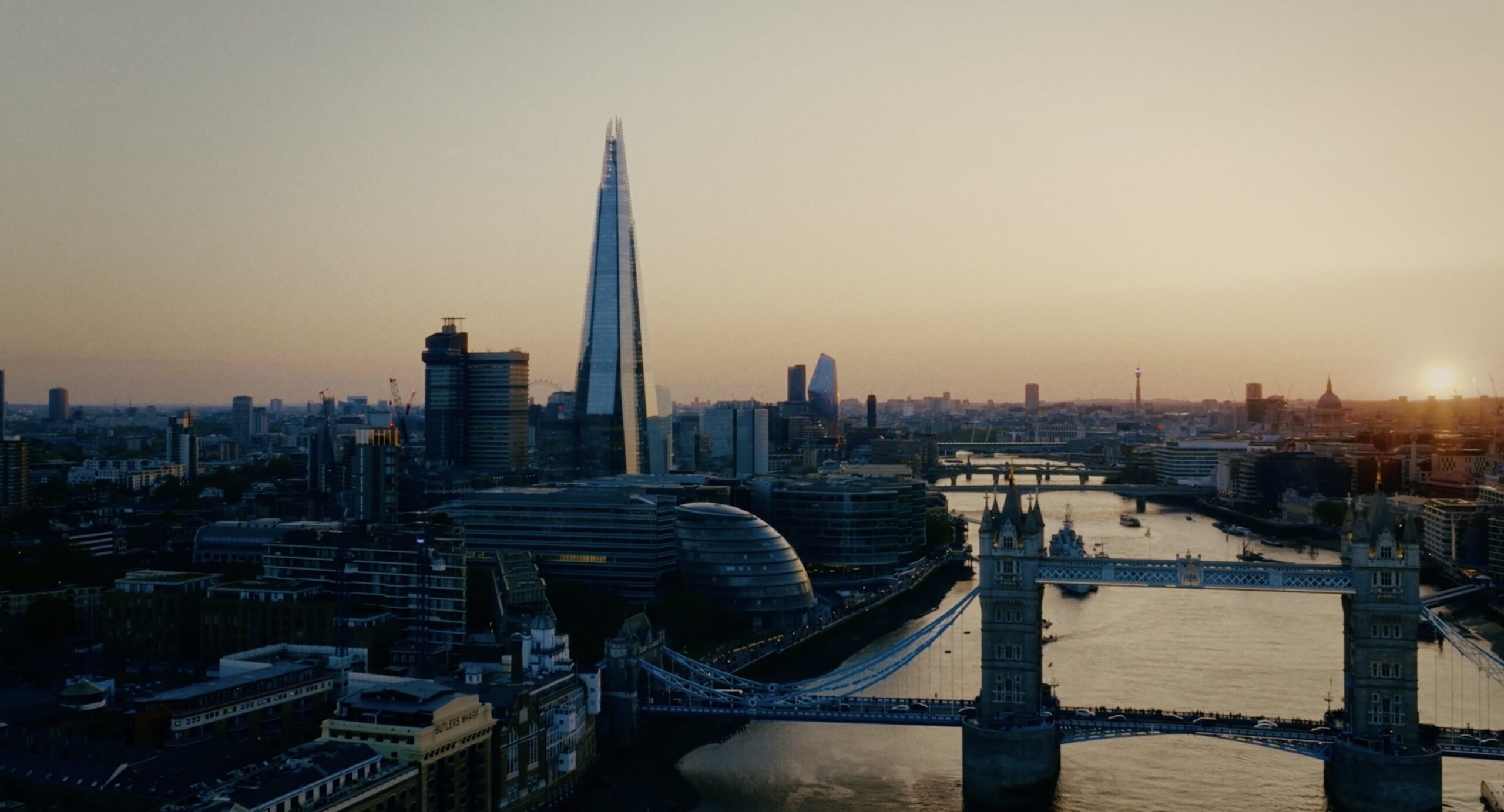 An aerial photo of the City of London showing The Gherkin and The Shard.