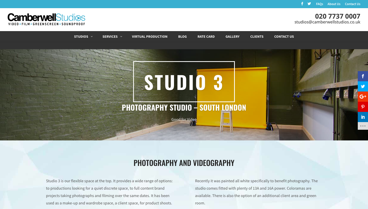 London based studio spaces for photography and videography: Camberwell Studios