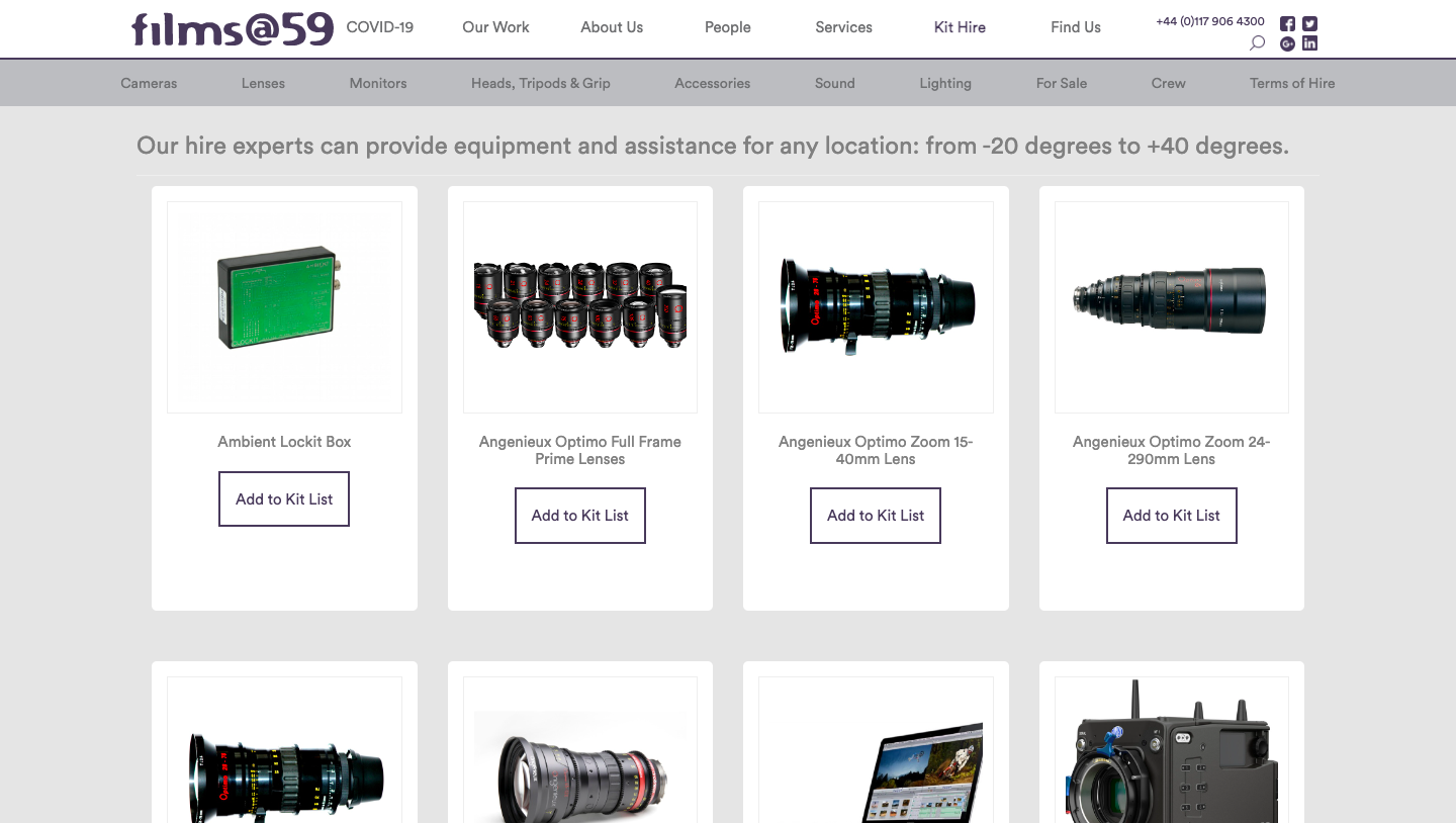 A screenshot of Film's @ 59 equipment rental page