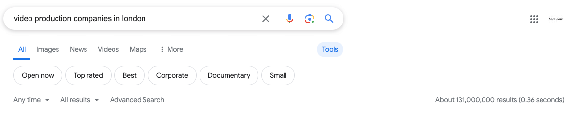 A screen shot of google's search bar for the search term "video production company London"