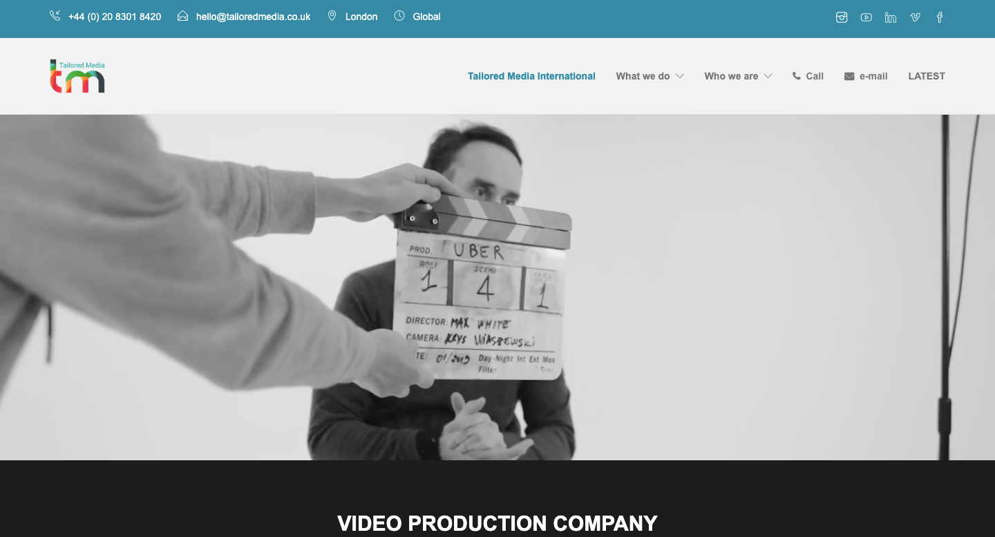 We see a website landing page of Tailored Media, a video production company in London