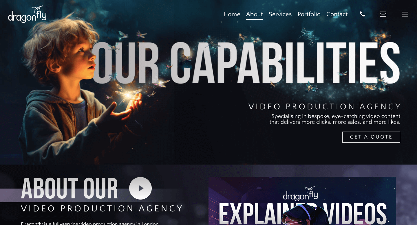 We see a website landing page of Dragonfly, an animation first video production company in London