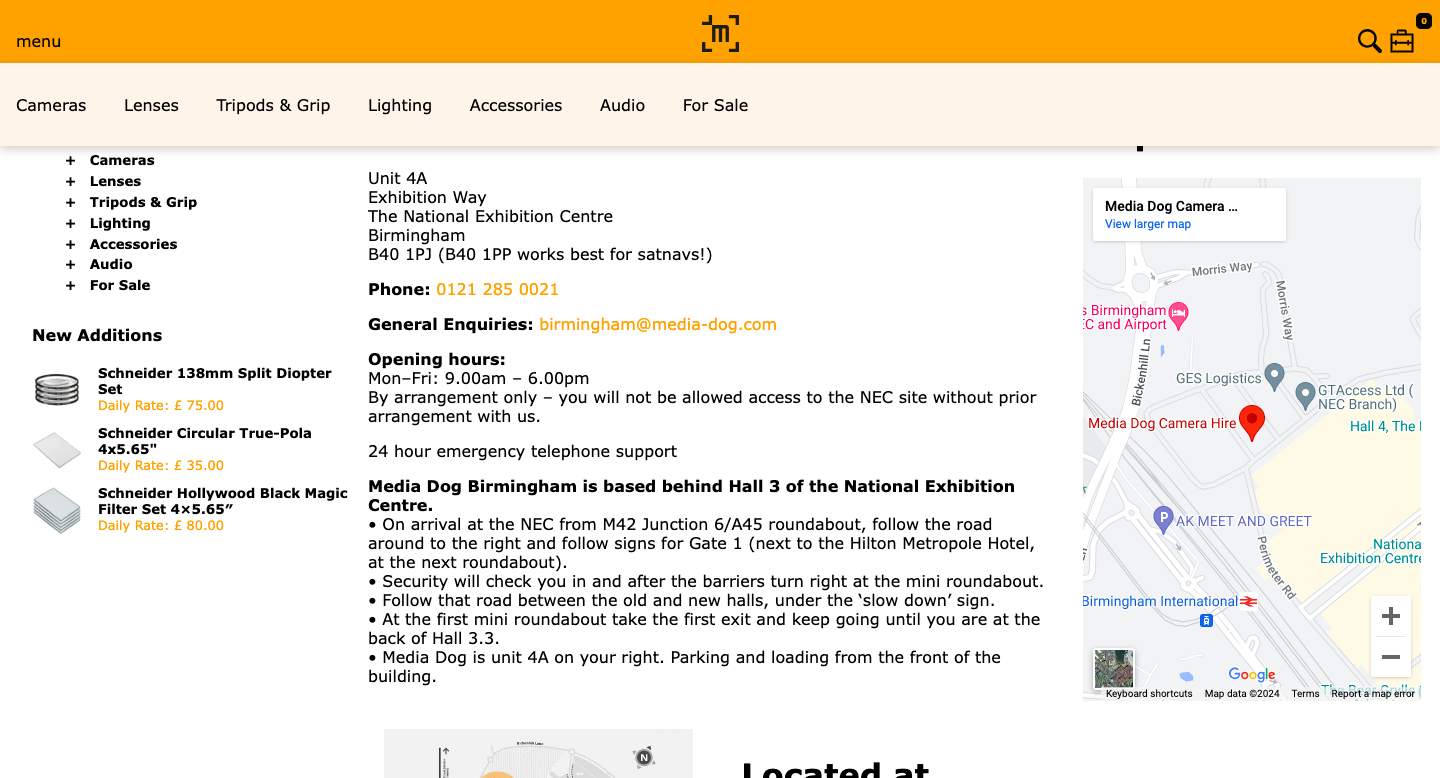 A screenshot of Media Dog's Birmingham film equipment hire web page.