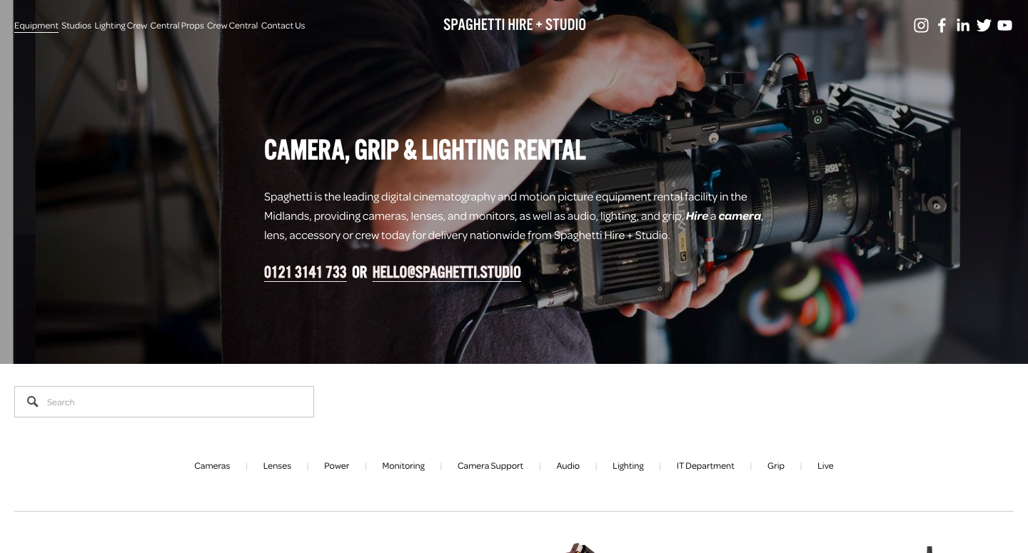 A screenshot of Spagetti Hire's Birmingham film equipment hire web page.