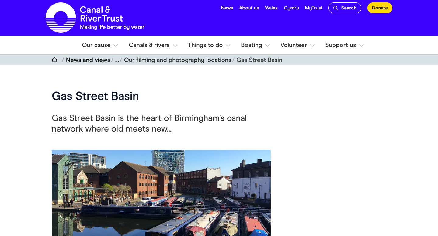 A screen shot of the canal and river trusts page on Gas Street Basin Birmingham