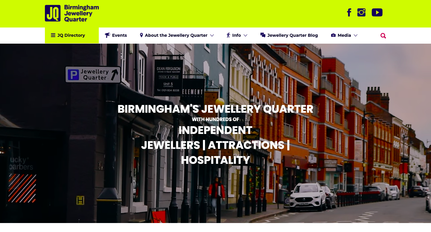 A screen shot of Birmingham Jewellery Quarter's website homepage