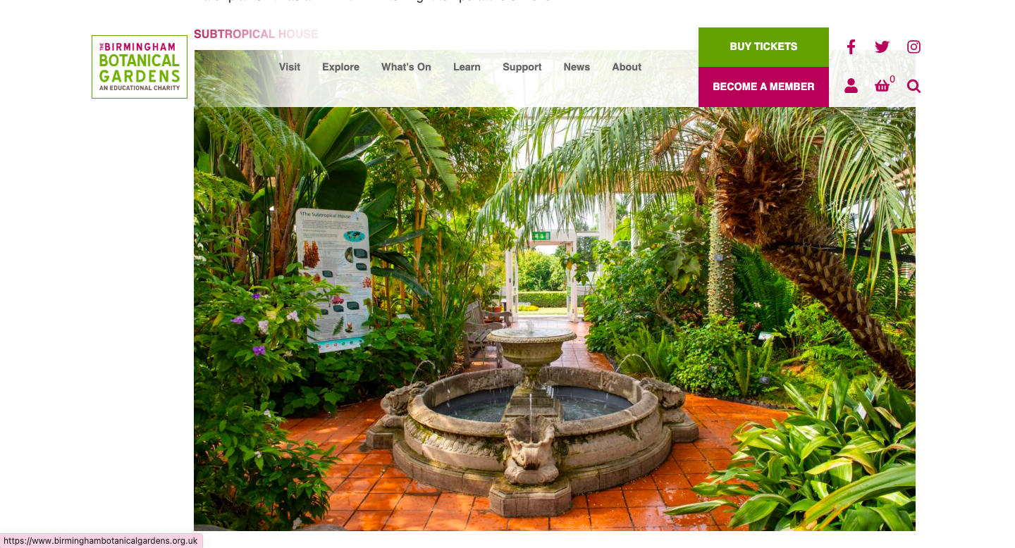 A screen shot of Birmingham Botanic Garden's homepage