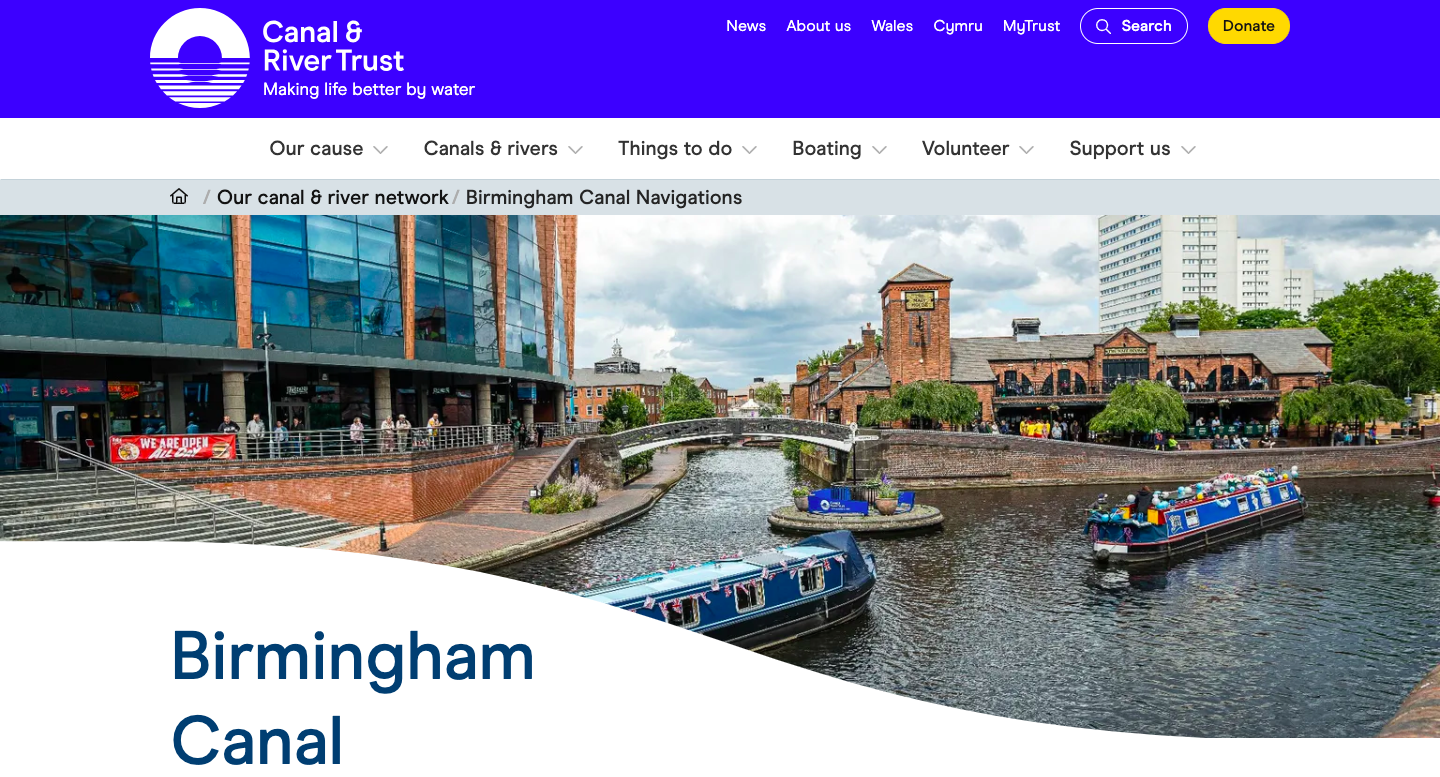 A screen shot of the Canal and River Trusts homepage