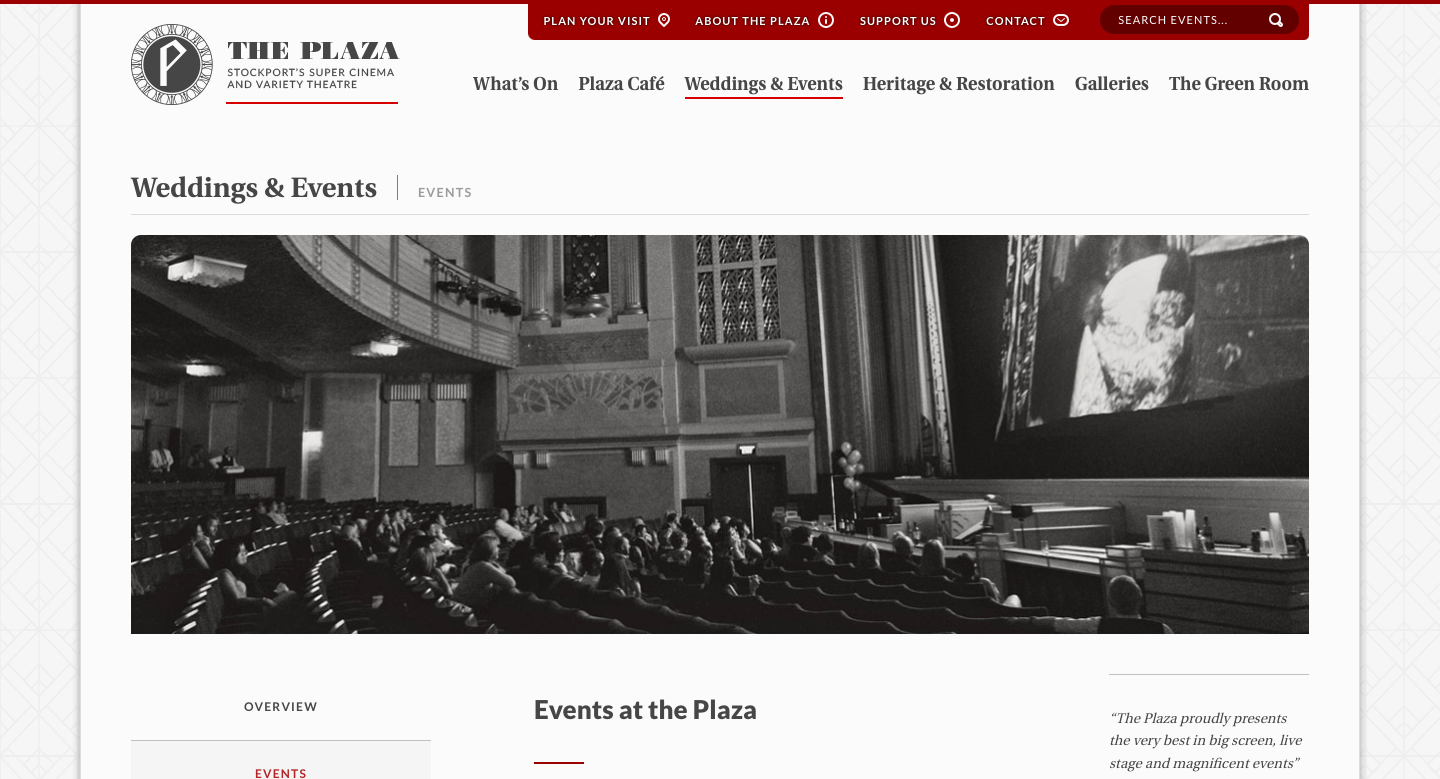 A screen shot of the events page of the Stockport Plaza in Manchester