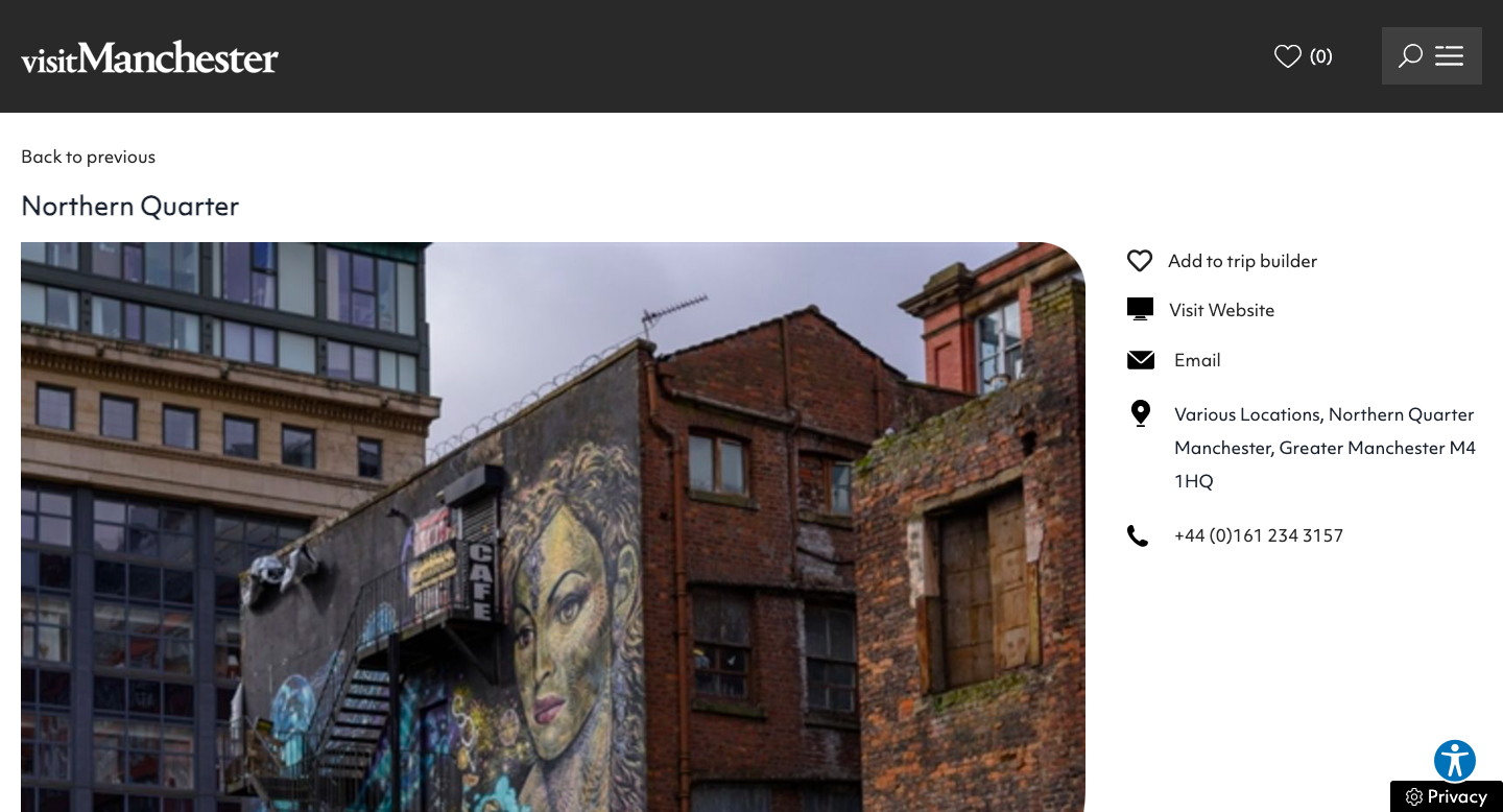 A screen shot of Visit Manchester's "Northern Quarter" page. An image of a grafitti murel across the side of a building in the Northern Quarter