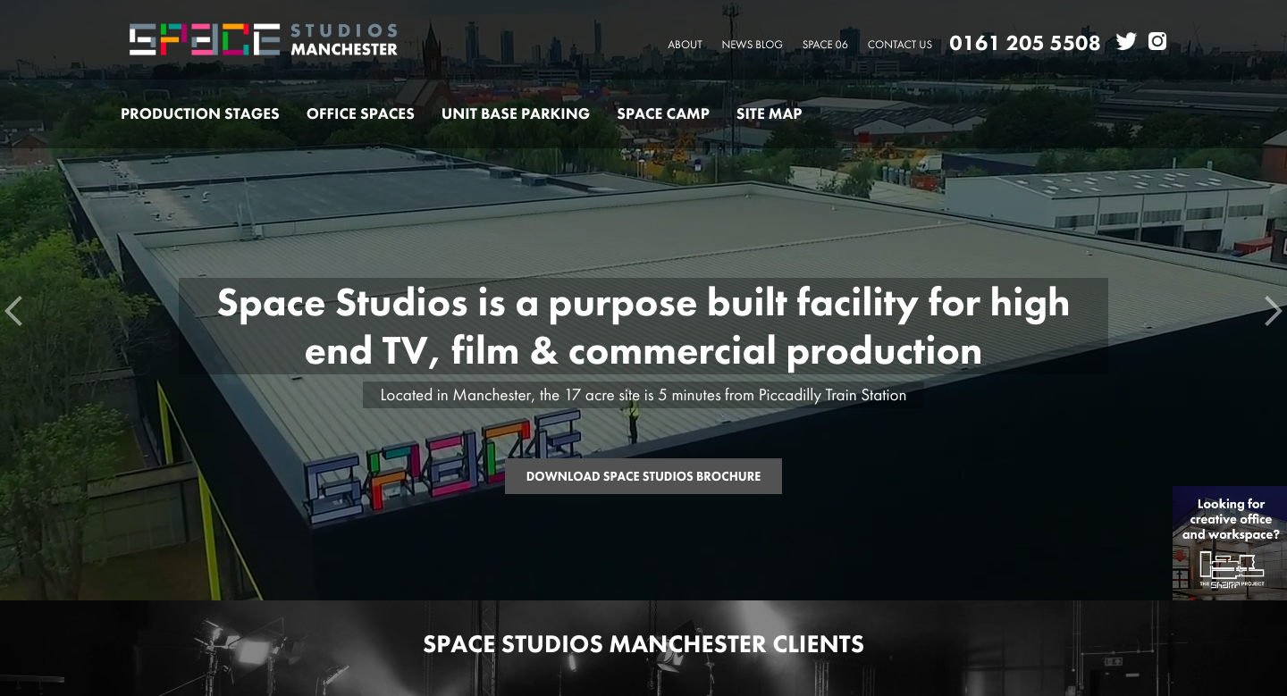 A screen shot of the web homepage of Space Studios Manchester