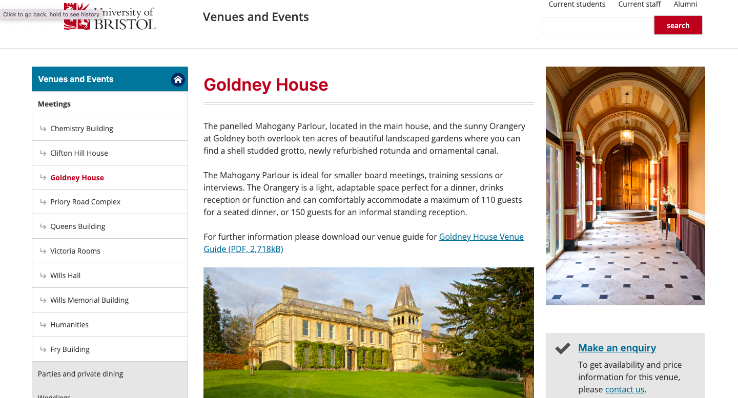 A screen shot of the Goldeny hall film location webpage