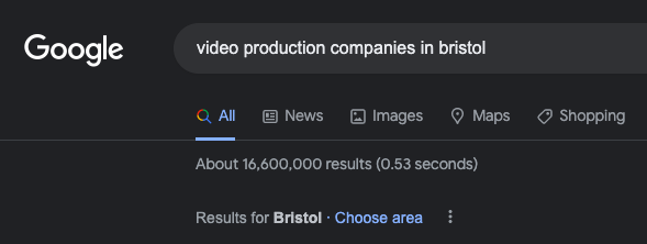 A screen shot of a Google Search bar after searching "video production companies in Bristol"