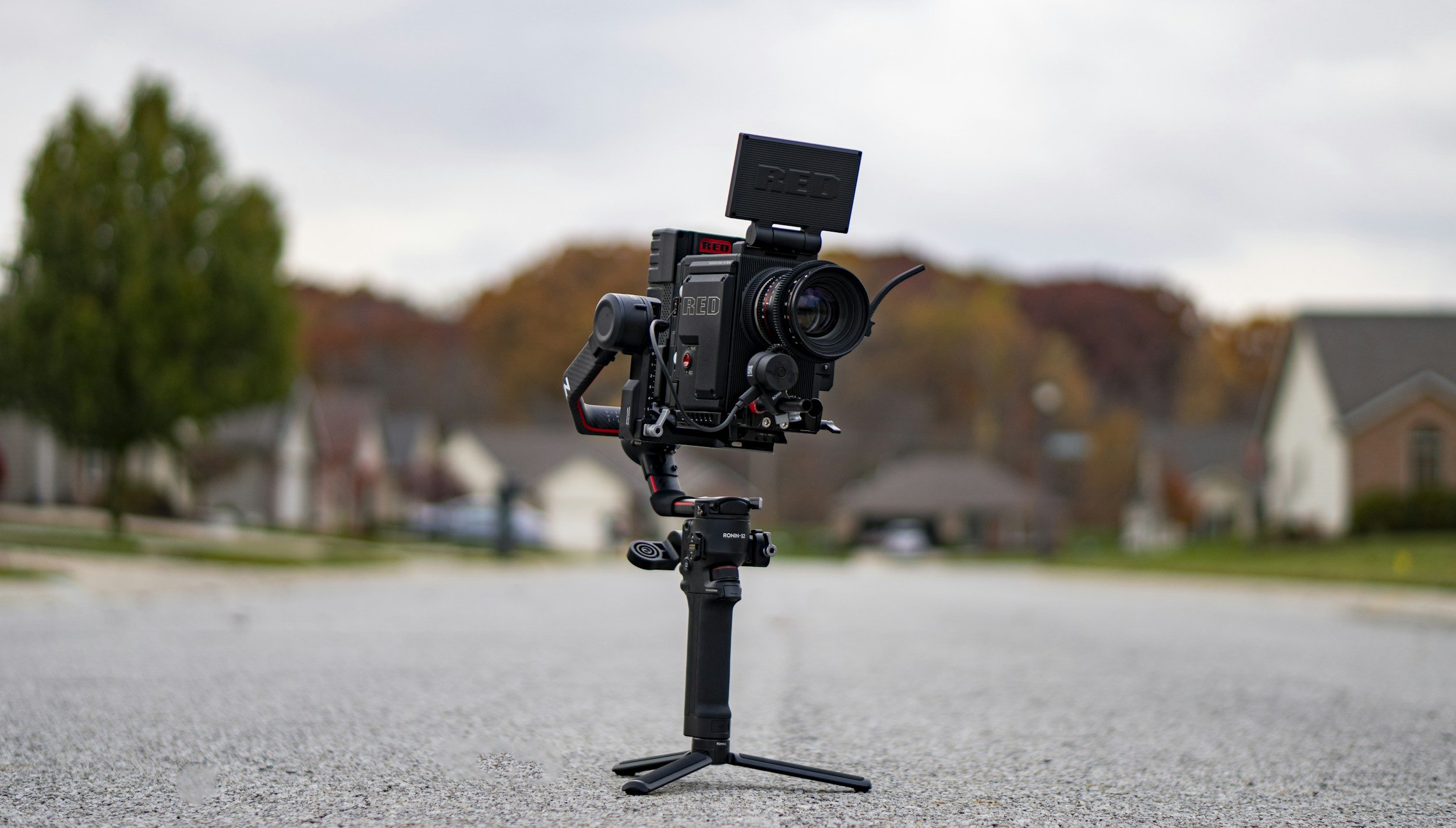 A dji ronin gimbal holding a Red cine camera