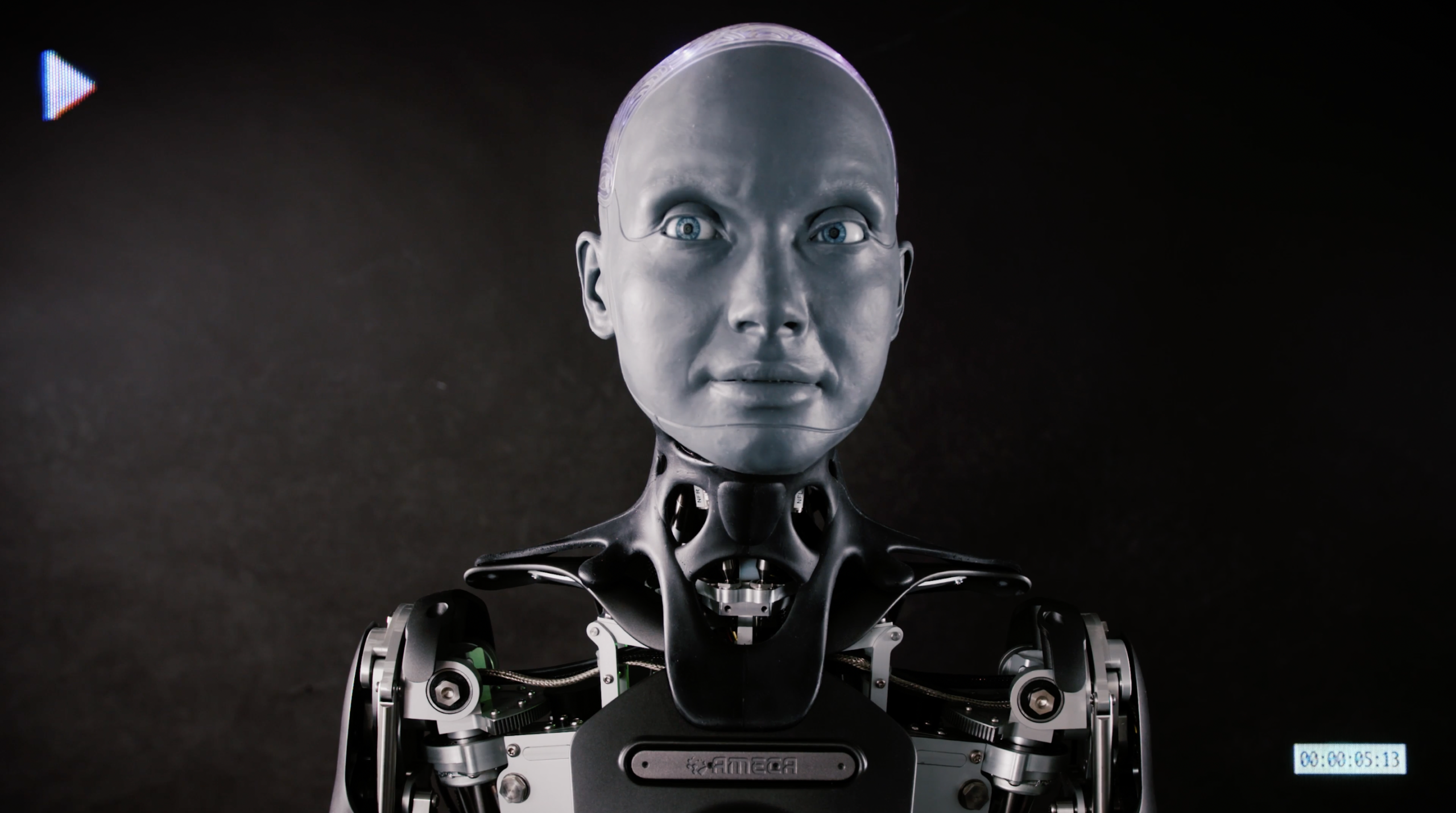 A profile shot of AMECA the humanoid robot designed by Engineered Arts. 